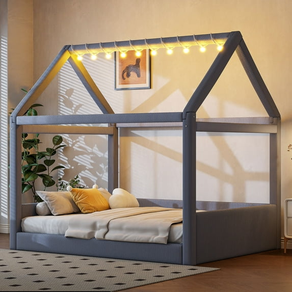 Harper & Bright Designs Full Size Upholstered House Daybed for Boys Girls, Wood Low Floor Bed with LED Light Strips and Roof, Grey