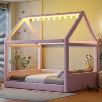 Harper & Bright Designs Full Size Upholstered House Daybed for Boys Girls, Wood Low Floor Bed with LED Light Strips and Roof, Pink