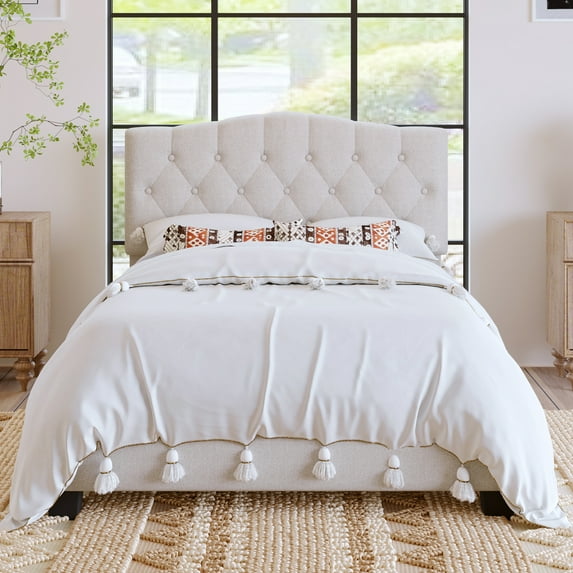 Harper & Bright Designs Full Size Upholstered Platform Bed with Saddle Curved Adjustable Headboard and Diamond Tufted, Full Wooden Bedframe for Bedroom, Beige