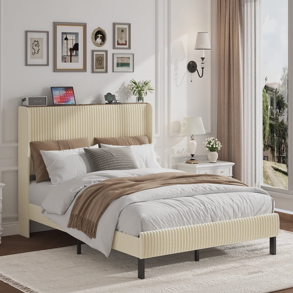 Harper & Bright Designs Full Size Velvet Platform Bed with Headboard, Metal Platform Bed Frame with Charging Station, Beige