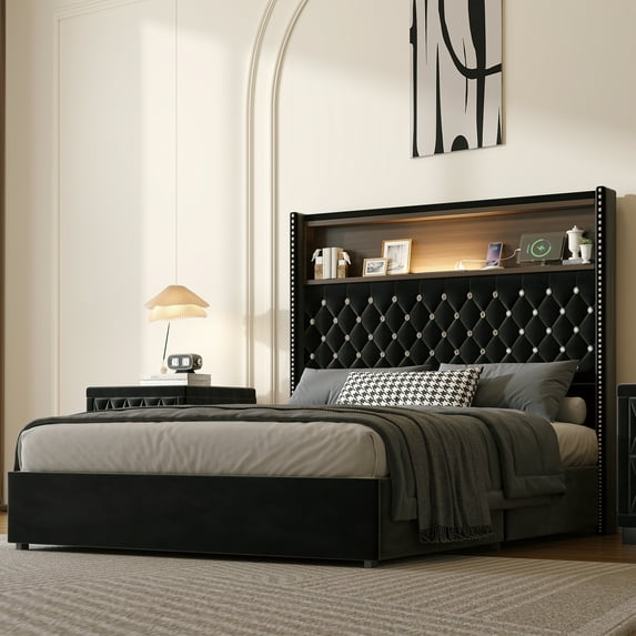 Harper & Bright Designs Full Size Velvet Tufted Platform Bed Frame with USB Port and Night Light, Wing-back Platform Bed with Rivet Decoration Headboard and Shelf, Black