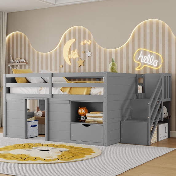 Harper & Bright Designs Full Size Wood Loft Bed with Storage Drawer and Shelf, Low Loft Bed Frame with Stairs and 7 Colors LED Light for Boys Girls, Gray