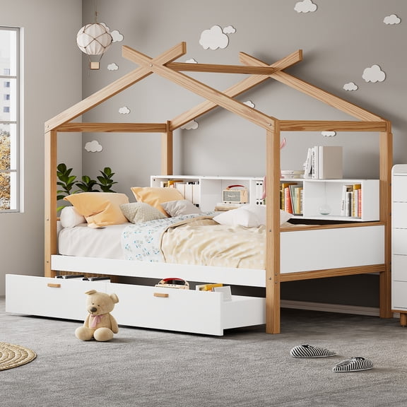 Harper & Bright Designs Full Size Wooden House Bed with 2 Drawers, Full Size Platform Bed Frame with Roof and Storage Shelf for Bedroom, White