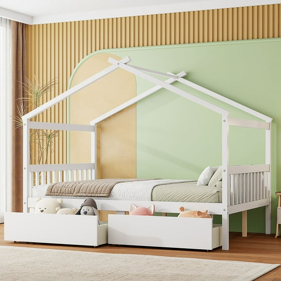 Harper & Bright Designs Full Size Wooden House Bed with 2 Storage Drawers, Wood Montessori Daybed Frame with Roof, White