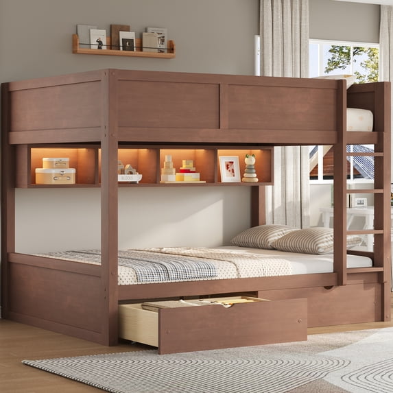 Harper & Bright Designs Full XL over Full XL Bunk Bed with 2 Drawers, Wood Full XL Bunk Bedframe with Storage Cabinets and LED Lights for Bedroom, Brown