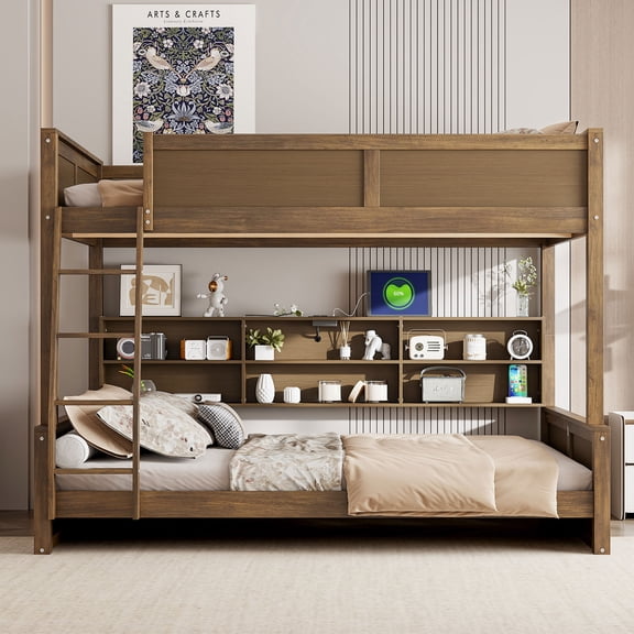 Harper & Bright Designs Full XL over Queen Bunk Bed with Storage Shelves, Solid Wood Bedframe with Cabinets & USB Ports, Wood