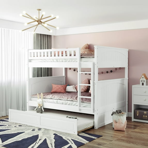 Harper & Bright Designs Full over Full Bunk Bed with Twin Size Trundle, Pine Wood Full Size Bunk Bed with Guardrails for Bedroom, White