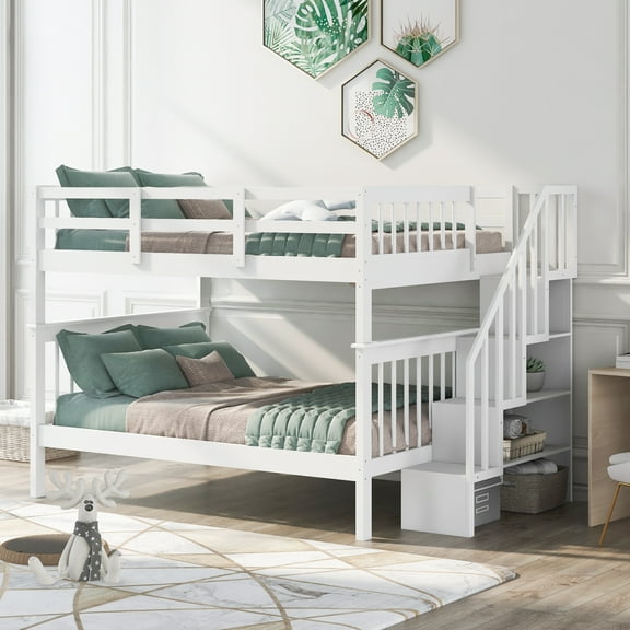 Harper & Bright Designs Full over Full Bunk Beds with Stairs, Wooden Full Stairway Bunk Bed with Storage & Guard Rail for Dorm, White