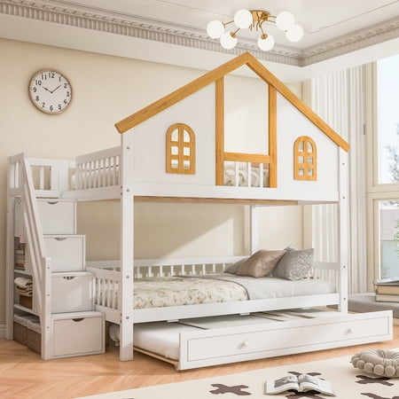 Harper & Bright Designs Full over Full House Bunk Bed with Window and Roof, Wood Full Size Storage Stairway Bunk Bedframe with Trundle, White+Natural