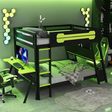 Harper & Bright Designs Gaming Bunk Bed Full Size with 2 Built-in Desks, Wood Full over Full Bunk Frame for 2 with USB Desktop Ports & Pegboard Organizer, Green