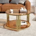 thumbnail image 1 of Harper & Bright Designs Gold Glass Coffee Table with Dower Shelf, Modern Round Glass Center Table with Metal Frame for Living Room, Brown, 1 of 16
