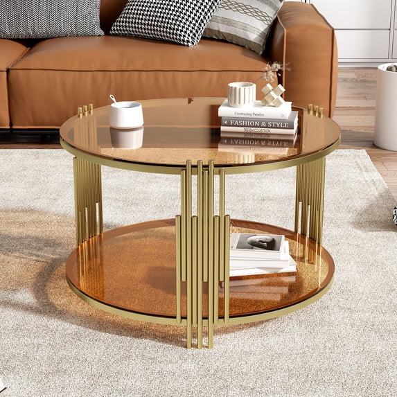 Harper & Bright Designs Gold Glass Coffee Table with Dower Shelf, Modern Round Glass Center Table with Metal Frame for Living Room, Brown