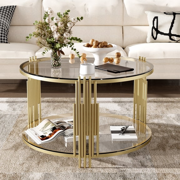 Harper & Bright Designs Gold Glass Coffee Table with Dower Shelf, Modern Round Glass Center Table with Metal Frame for Living Room