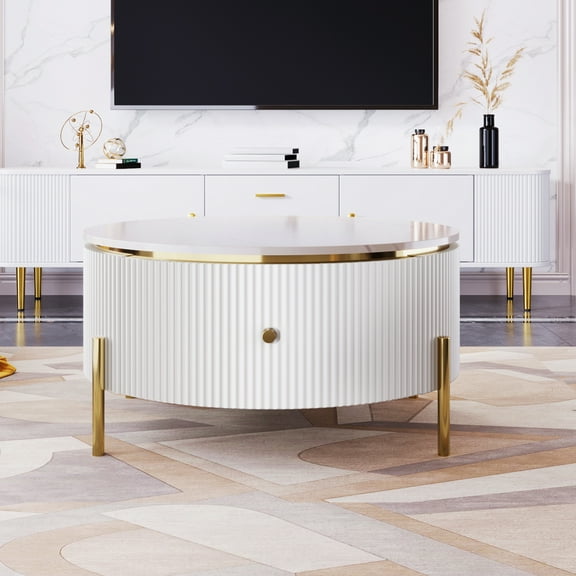 Harper & Bright Designs Gold Round Coffee Table with Drawers, White Fluted Center Table with Gold Frame for Living Room