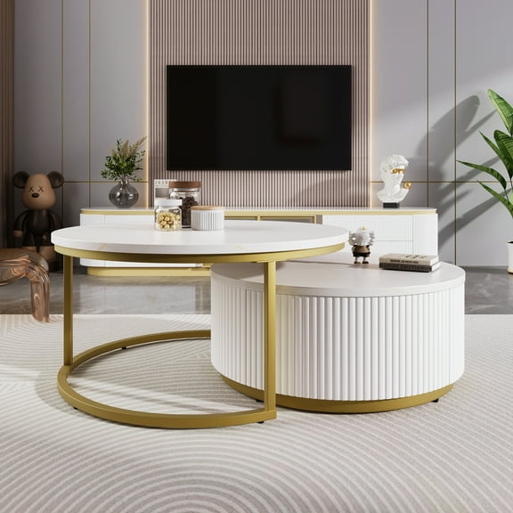 Harper & Bright Designs Gold Round Nesting Coffee Table Set of 2, White Fluted Center Table with Glod Legs, Modern End Table with Drawer for Living Room