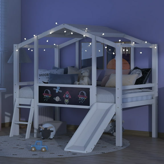 Harper & Bright Designs House BedSolid Wood Storage Twin Low Loft Bed with Blackboard And Light Strip White