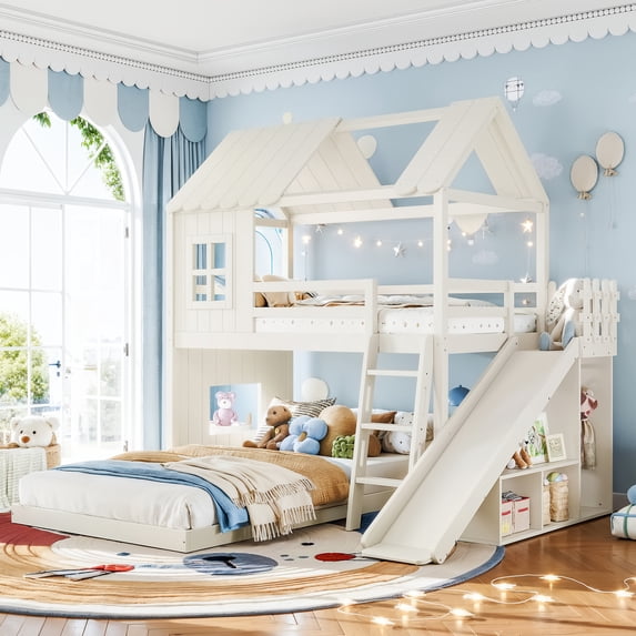 Harper & Bright Designs House Bunk Bed Twin over Full with Storage Shelves and Wardrobe, Wood Floor Bunk Bed Frame with Ladders and Slides for Boys Girls, Beige