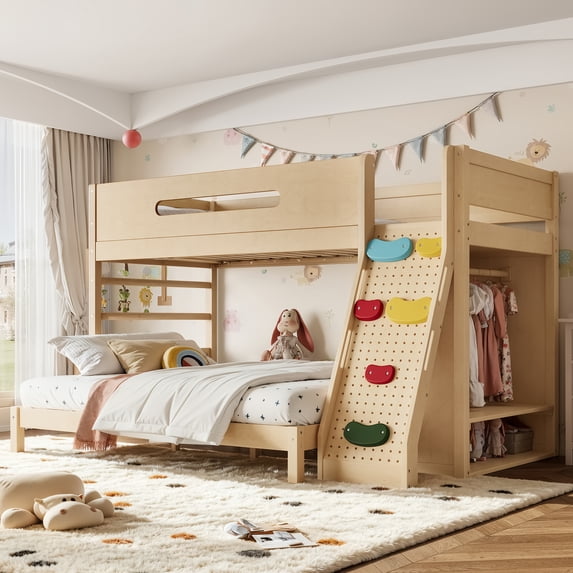 Harper & Bright Designs House Bunk Bed Twin XL over Queen with Storage Shelves and Wardrobe, Wood Floor Bunk Bed Frame with Ladders and Slides for Boys Girls, White