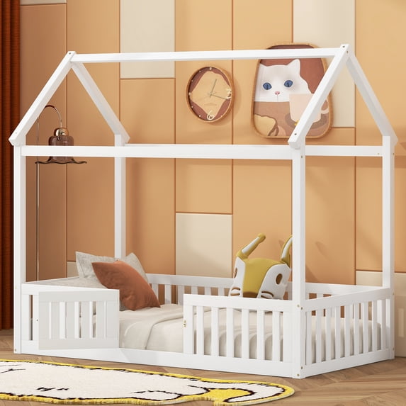 Harper & Bright Designs House Floor Bed with Fence & Roof, Twin Size Wood Playhouse Bed Frame wih Rails & Door for Boys Girls, White