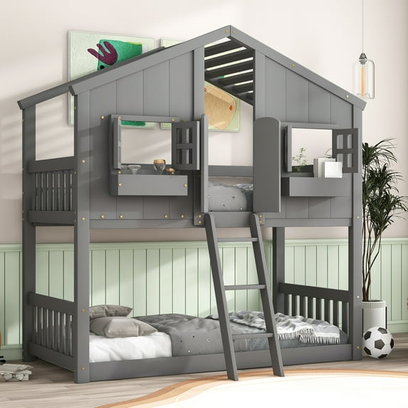 Harper & Bright Designs House Shaped Bunk Bed Twin over Twin with Roof and Windows, Wood Floor Bunk Bed Frame with Door, Ladder and Guardrail, Grey