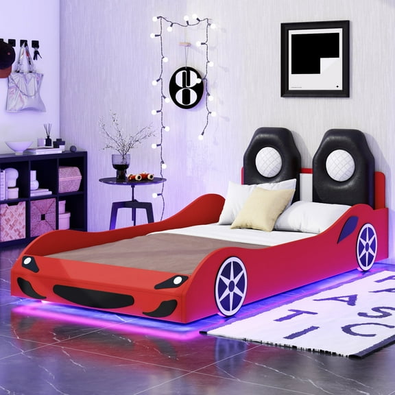 Harper & Bright Designs Race Car-Shaped Platform Bed with LED and Upholstered Backrest, Wood Twin Size Car Platform Bed Frame, Red