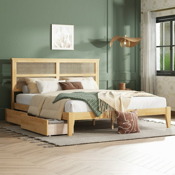 Harper & Bright Designs King Size Platform Bed with Rattan Headboard, Wood Farmhouse Rattan Bed with Drawers, White Oak