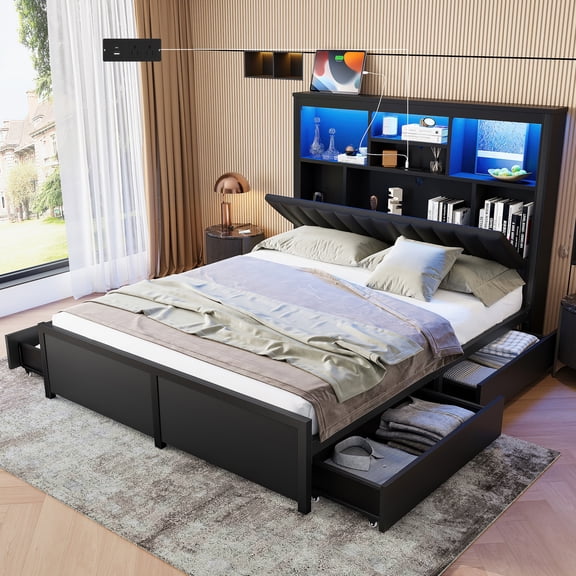 Harper & Bright Designs King Size Platform Bed with Storage Drawers and Headboard, Bed Frame with LED light and Charging Station, Black