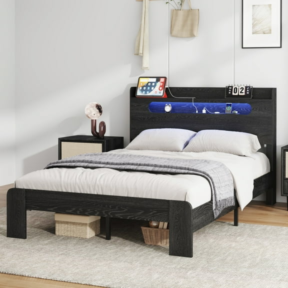 Harper & Bright Designs King Size Platform Bed with Storage LED Headboard, Wood Platform Bed Frame with 2 USB, Black