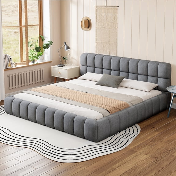 Harper & Bright Designs King Size Upholstered Platform Bed with Thick Fabric, King Grounded Bed with Soft Headboard for Bedroom, Gray