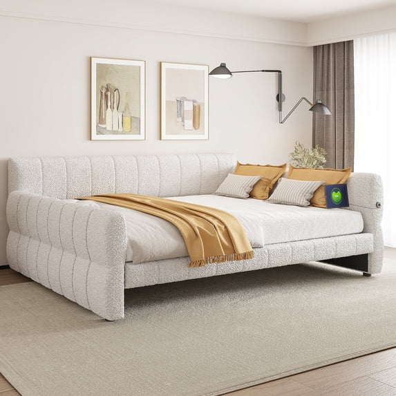 Harper & Bright Designs King Upholstered Daybed Sofa Bed with USB, Lambswool Platform Bed King Size for Living Room Bedroom, White