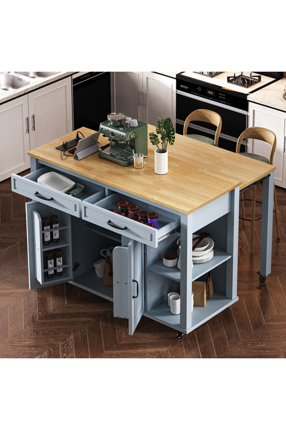 Kitchen Island with Extendable Dining Table, Kitchen Storage Cart with Drawers and Internal Storage Rack, Rolling Kitchen Island with Power Outlet, Grey+Blue