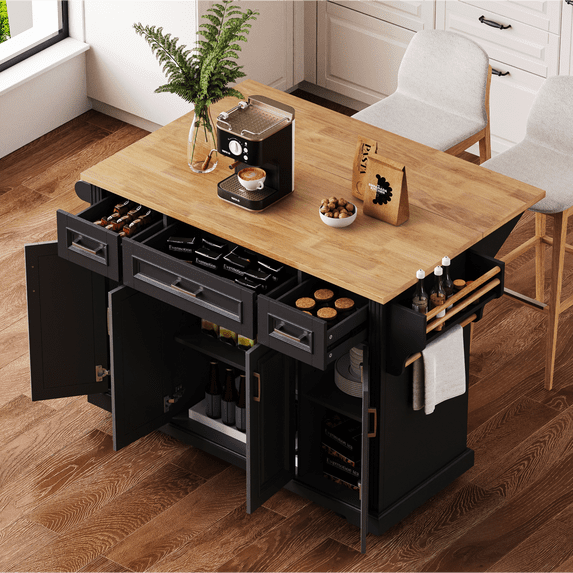 Harper & Bright Designs Kitchen Island with Extendable Dining Table, Kitchen Storage Cart with Drawers and Internal Storage Rack, Rolling Kitchen Prep Island with Power Outlet, Black