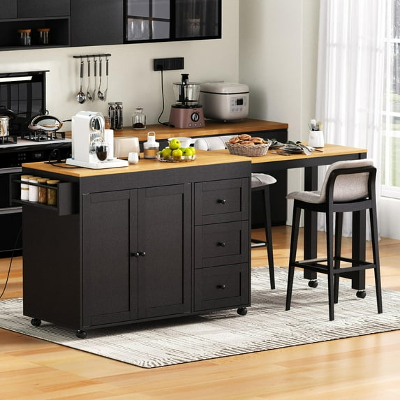 Harper & Bright Designs Kitchen Island with Extendable Dining Table, Kitchen Storage Cart with Drawers and Power Outlet, Rolling Kitchen Island on Wheels with Spice Rack and 2 Door Cabinet, Black