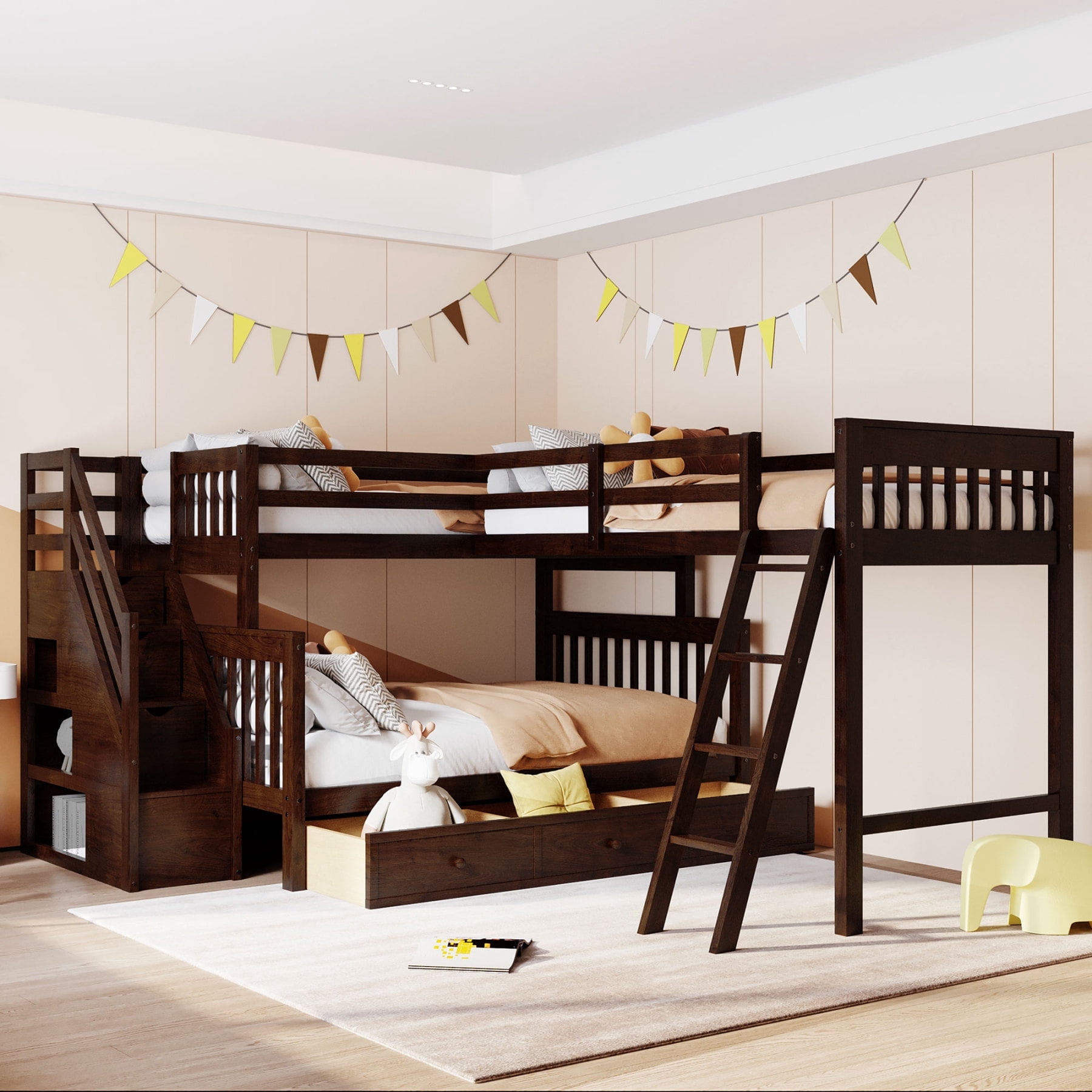 Harper & Bright Designs L-Shape Triple Bunk Beds with Stairs and ...