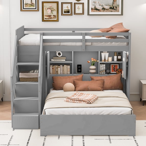 Harper & Bright Designs L-Shaped Bunk Bed Twin over Full Size with Wardrobe and Bookshelf, Storage Stairway Bunk Bed with USB Charging Station and LED Light for Bedroom, Gray