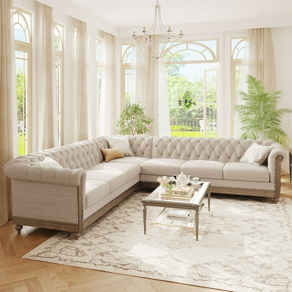 Harper & Bright Designs L-Shaped Chesterfield Sofa with Rolled Arms, Upholstered Mid-Century Sofa Padded Seat, Button Tufted Sofa with Nailhead Trim and Backres, Beige
