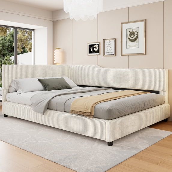 Harper & Bright Designs L-Shaped Corner Bed Full Size with Storage Cabinets, Wooden Full Daybed Frame for Living Room Bedroom, Beige