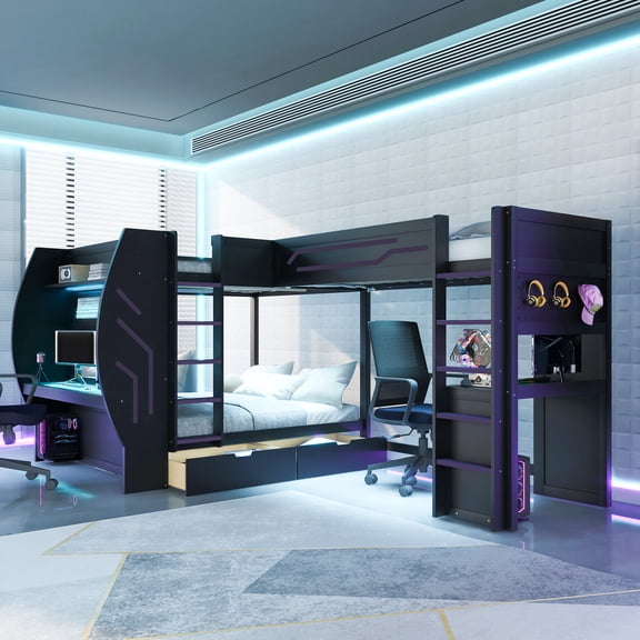 Harper & Bright Designs L-Shaped Gaming Bunk Bed with Desk for 3, Twin & Full over Full Size Wood 3 in 1 Gamer Bunk Bed with Charging Station, LED Light, Storage Drawers and Pegboard, Black