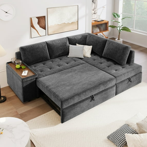 Harper & Bright Designs L Shaped Sectional Sofa with Pull Out Bed, Convertible Sofa Sleeper with Storage Lounger, Sectional Sofa with Wide Armrest for Living Room, Grey