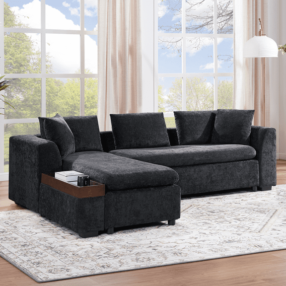 Harper & Bright Designs L-Shaped Sectional Sofa Set, 4-Seat Couch with Wooden Storage Compartment, Chenille Upholstered Sectional Sofe for Living Room, Black