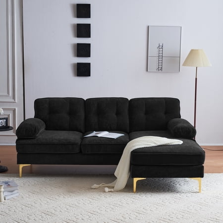 Harper & Bright Designs L-Shaped Sectional Sofa Set with Chaise and Lounger, 3-Seat Couch with Gold Metal, Velvet Upholstered Sectional Sofe for Living Room, Black