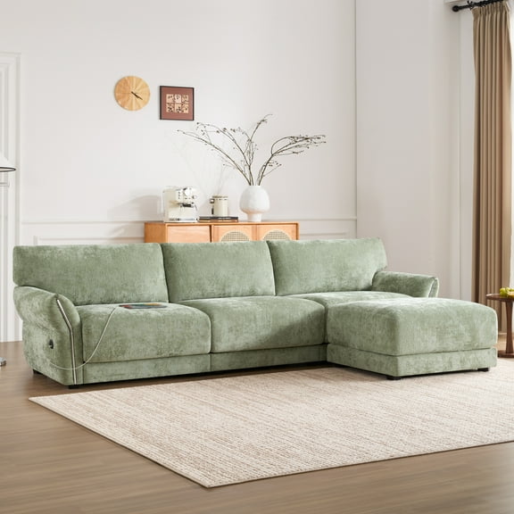 Harper & Bright Designs L-Shaped Sectional Sofa Set with Movable Ottoman, 3-Seat Couch with Extra-Wide Seat Cushion, Chenille Upholstered Sectional Sofe with USB and Type-C Charger, 110", Green