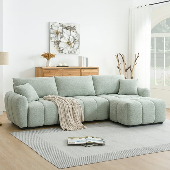 Harper & Bright Designs L-Shaped Sectional Sofa Set with Movable Ottoman, 3-Seat Couch with Extra-large Seat, Boucle Upholstered Sectional Sofe with Pull-line Design, 110", Light Green