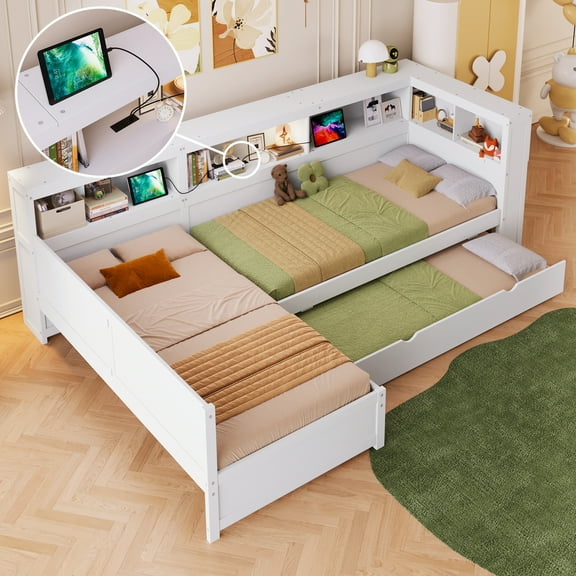 Harper & Bright Designs L Shaped Twin Beds for 2, Corner Bed with Trundle & Drawer, Twin Size L Shaped Bed with Storage Shelf for Boys and Girls, White