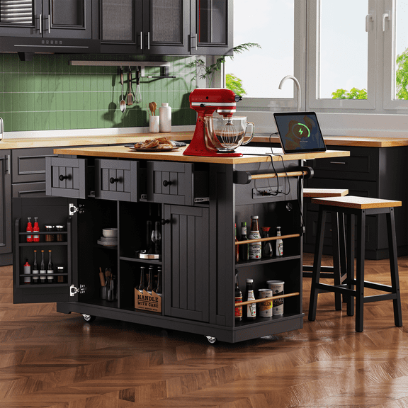 Harper & Bright Designs Large Kitchen Island with 2 Bar Stools and Power Outlet, Kitchen Storage Cart on 5 Wheels with Drop Leaf, Rolling Kitchen Island with Storage Rack and Drawers, Black
