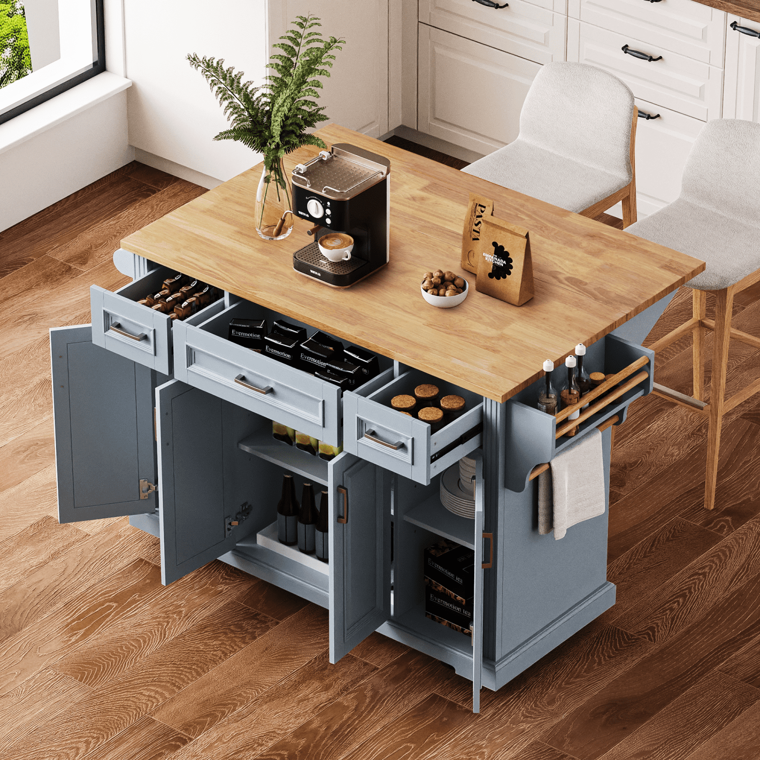 Harper & Bright Designs Large Kitchen Island with Drop Leaf, Rolling Kitchen Cart on 4 Wheels with Doors and 3 Drawers, Kitchen Island with Storage for Dining Room, Grey+Blue