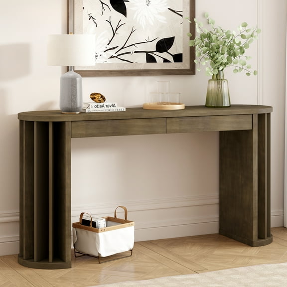 Harper & Bright Designs Long Console Table with Storage, Minimalist Entryway Table with Drawers and Curved and Straight Line Design, Natural