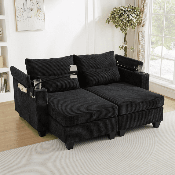 Harper & Bright Designs Loveseat Sofa Bed, Corduroy Sleeper Sofa with USB Ports, Convertible Chaise Lounge Indoor with Two Cup Holders, Phone Holder and Storage, Black