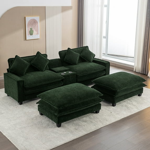 Harper & Bright Designs Loveseat Sofa with Console and Two Removable Ottoman, Chenille 2 Seater Sectional Couch with Cup Holders and USB Ports & Storage Box, Green
