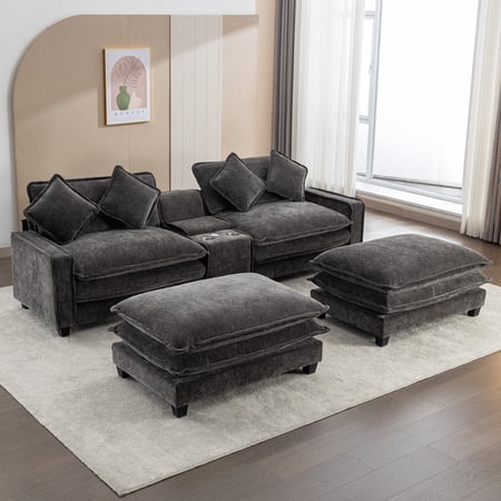 Harper & Bright Designs Loveseat Sofa with Console and Two Removable Ottoman, Chenille 2 Seater Sectional Couch with Cup Holders and USB Ports & Storage Box, Grey
